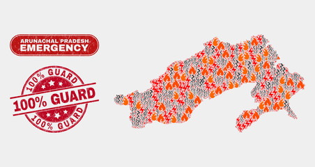 Vector collage of hazard Arunachal Pradesh State map and red round grunge 100% Guard seal. Emergency Arunachal Pradesh State map mosaic of flame, electric hazard items.