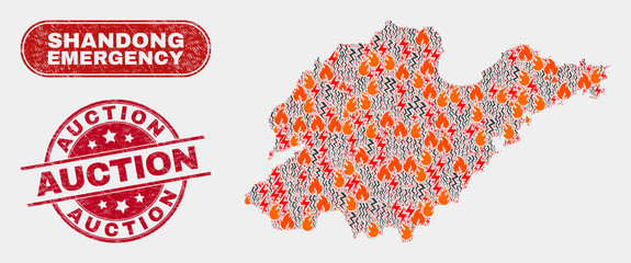 Vector collage of wildfire Shandong Province map and red rounded distress Auction seal stamp. Emergency Shandong Province map mosaic of wildfire, energy hazard items.