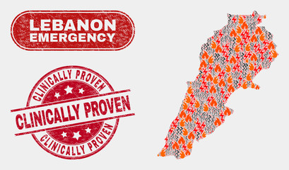 Vector collage of disaster Lebanon map and red round textured Clinically Proven seal stamp. Emergency Lebanon map mosaic of fire, electric lightning icons.