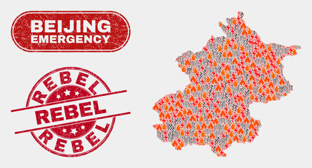 Vector composition of wildfire Beijing City map and red rounded scratched Rebel watermark. Emergency Beijing City map mosaic of destruction, energy hazard elements.