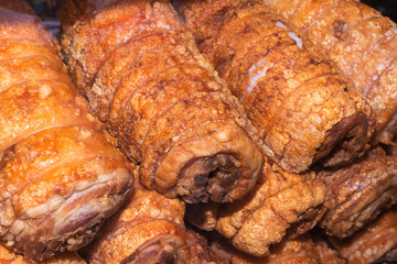 Deep fried crispy belly pork or streaky pork.