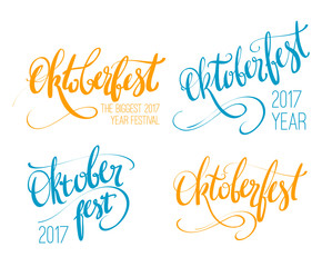 Oktoberfest vector hand lettering, brush pen calligraphy inscription for banners and logo design. Colorful blue, orange, yellow word Oktoberfest