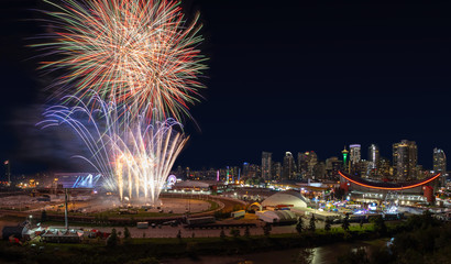 Calgary Stampede Fireworks Over Downtown City Skyline