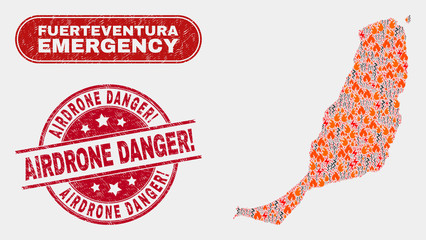 Vector composition of wildfire Fuerteventura Island map and red rounded textured Airdrone Danger! seal stamp. Emergency Fuerteventura Island map mosaic of burning, energy hazard symbols.