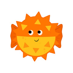 Cute vector illustration cartoon fish Fugu. orange globefish isolated on white background