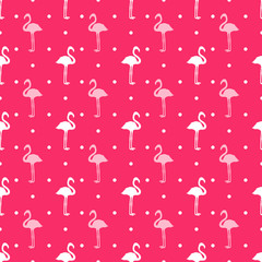 Seamless dotted wallpaper with flamingos. Hand drawn cartoon birds. Print for polygraphy, shirts and textiles. Colored texture. Pattern for your design