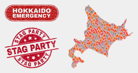 Vector collage of hazard Hokkaido map and red round textured Stag Party stamp. Emergency Hokkaido map mosaic of burning, energy hazard symbols. Vector combination for emergency services,