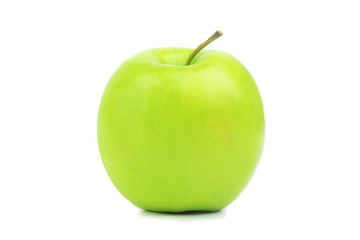 Perfect fresh green apple isolated on white background in full depth of field. Single bio organic healthy fruit food. One bright whole juicy ripe delicious apple closeup. Nature diet concept.