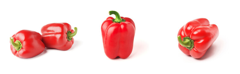 Set of fresh whole bell pepper isolated one and two on white background. Top view Tropical abstract background. Collection of red ripe bell pepper vegetaibles on the white background.