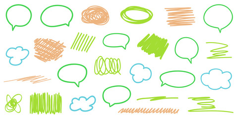 Colored sketchy shapes on isolated white. Set of hand drawn think and talk speech bubbles. Scribble colorful backgrounds with array of lines. Line art creation