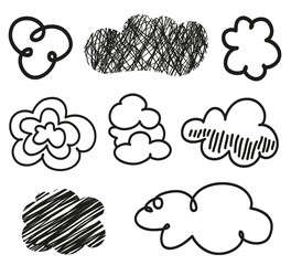 Clouds on isolation background. Doodles on white. Hand drawn line art. Black and white illustration