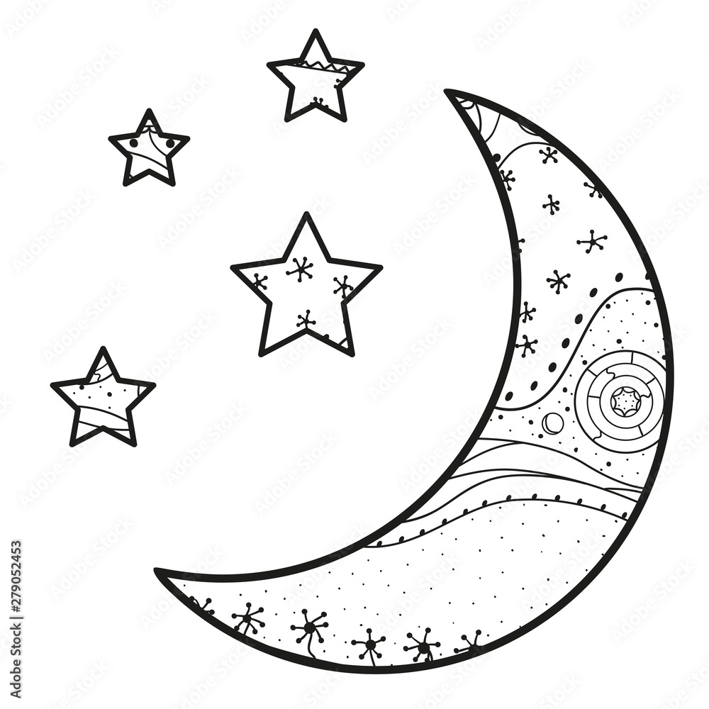 Wall mural crescent moon and stars with abstract patterns on isolation background. design for spiritual relaxat