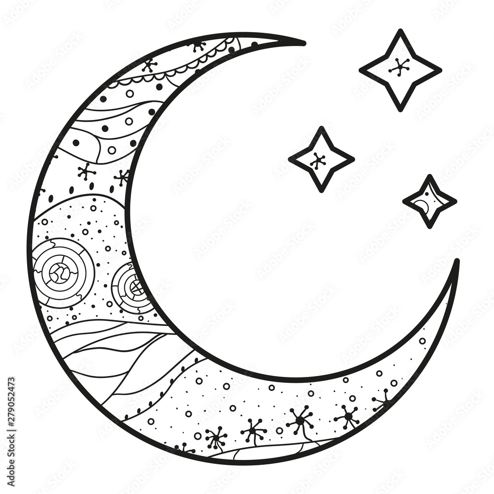 Wall mural crescent moon and stars with abstract patterns on isolation background. design for spiritual relaxat
