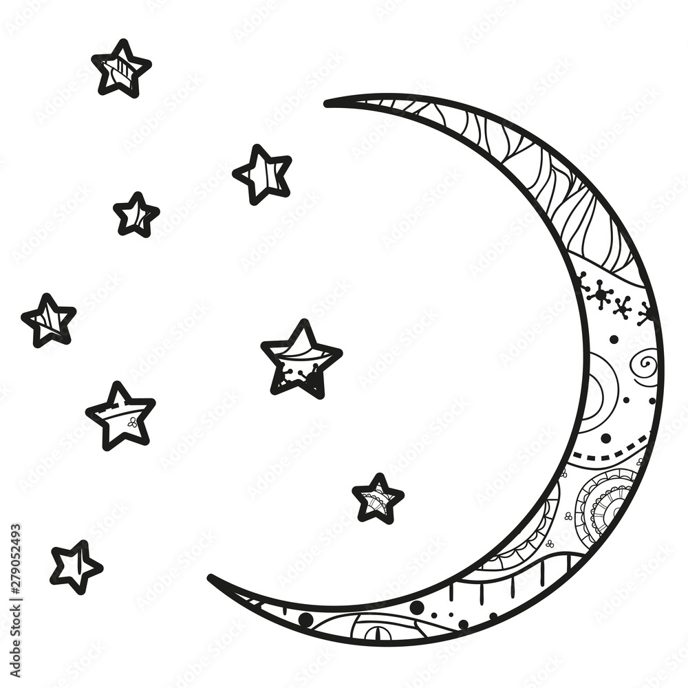 Wall mural crescent moon and stars with abstract patterns on isolation background. design for spiritual relaxat