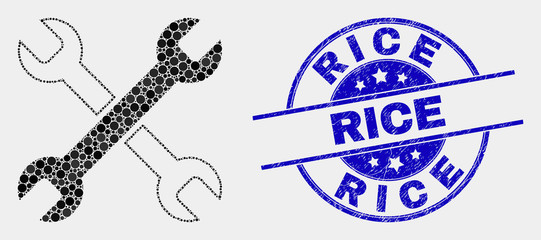 Obraz premium Pixel wrenches mosaic pictogram and Rice stamp. Blue vector rounded scratched seal stamp with Rice phrase. Vector combination in flat style. Black isolated wrenches mosaic of random spheres,
