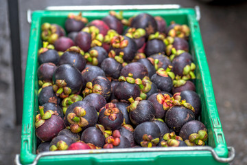 The blurred background of the fruit that is sold in the market (mangosteen). The fruit has dark brown-black color, small to large size, sweet taste, classified as a healthy alternative fruit.