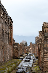 Fototapeta na wymiar An ancient Roman road with carriage wheel ruts and a roadblock in Pompeii, Italy