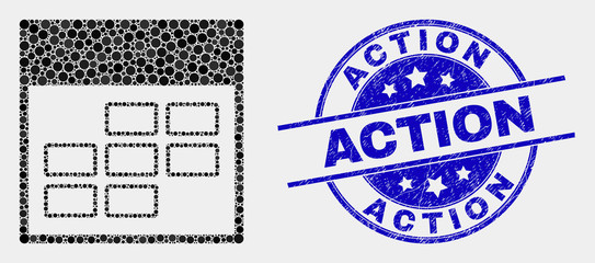 Dotted calendar week items mosaic icon and Action seal stamp. Blue vector round scratched seal stamp with Action message. Vector collage in flat style.