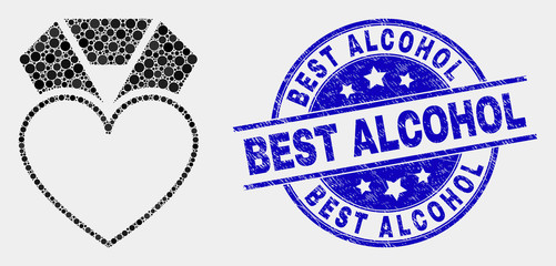 Dot heart award mosaic pictogram and Best Alcohol seal. Blue vector rounded distress seal stamp with Best Alcohol caption. Vector collage in flat style.