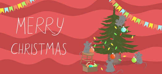 Banner Merry Christmas. Mice decorate the Christmas tree. The symbol of 2020. Vector graphics.