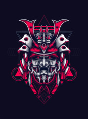 samurai head with detail mask and sacred geometry pattern as the background