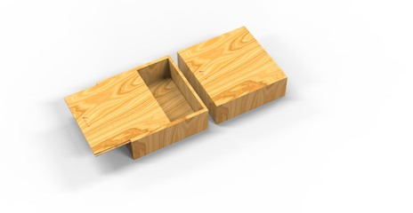Blank wooden square box with sliding lid for branding. 3d render illustration.