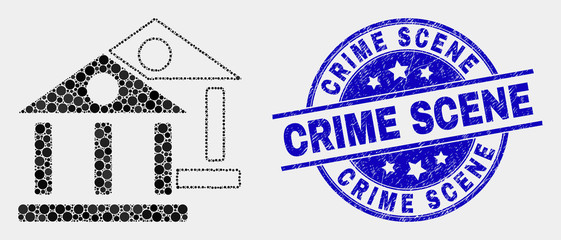 Dotted museum buildings mosaic icon and Crime Scene seal stamp. Blue vector rounded scratched seal stamp with Crime Scene title. Vector composition in flat style.