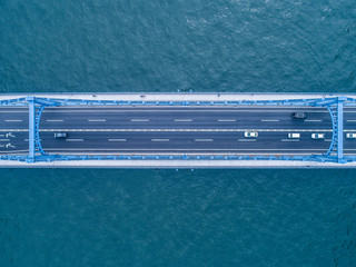Aerial view of suspension bridge over sea