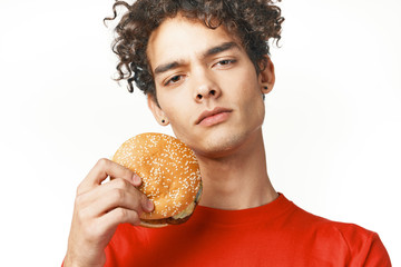 young woman with hamburger