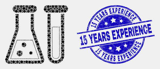 Dotted chemical glassware mosaic icon and 15 Years Experience seal stamp. Blue vector round textured seal stamp with 15 Years Experience message. Vector collage in flat style.