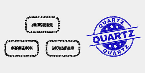 Dot bricks mosaic icon and Quartz seal. Blue vector round grunge seal stamp with Quartz phrase. Vector composition in flat style. Black isolated bricks mosaic of scattered dots, and Quartz seal stamp.