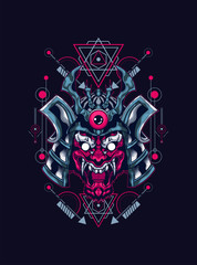 samurai head logo illustration with sacred geometry pattern as the background for any digital or apparel stuff