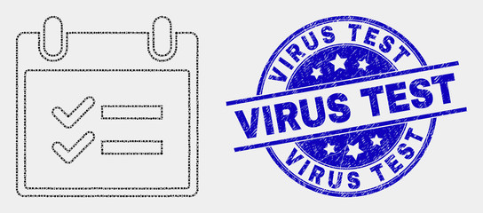Pixelated calendar page tasks mosaic pictogram and Virus Test stamp. Blue vector rounded textured seal stamp with Virus Test phrase. Vector combination in flat style.