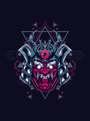 samurai head logo illustration with sacred geometry pattern as the background for any digital or apparel stuff