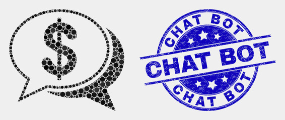 Dotted financial chat messages mosaic icon and Chat Bot seal stamp. Blue vector round distress seal stamp with Chat Bot message. Vector collage in flat style.