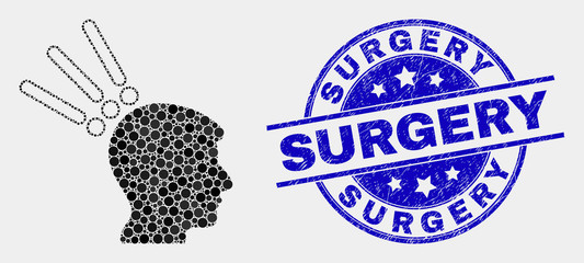 Dot test head mosaic icon and Surgery seal stamp. Blue vector round distress stamp with Surgery phrase. Vector composition in flat style. Black isolated test head mosaic of random dots,