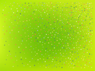 Green color background. Stars confetti. 