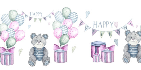 Watercolor children seamless borders with cute bears, birds, cradle, balloons, gifts, flags, clouds, moon, stars, hearts, indigo sky, nipple, feathers, notes, flowers and branches