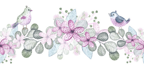 Watercolor children seamless borders with cute bears, birds, cradle, balloons, gifts, flags, clouds, moon, stars, hearts, indigo sky, nipple, feathers, notes, flowers and branches