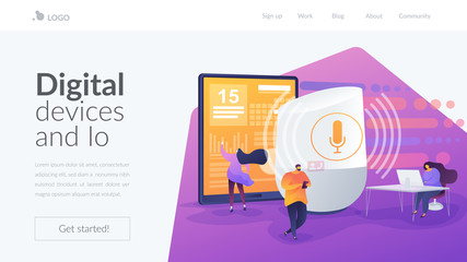 Smart office controller and voice commands, voice controlled office digital devices and Iot concept. Website homepage header landing web page template.