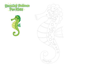 Vector Drawing and Paint Cute Cartoon Seahorse. Educational Game for Kids. Vector Illustration With Cartoon Style Funny Sea Animal