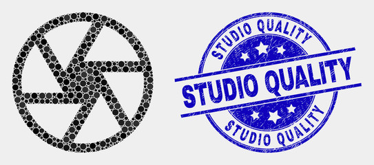 Pixel shutter mosaic pictogram and Studio Quality seal stamp. Blue vector rounded distress seal stamp with Studio Quality text. Vector collage in flat style.