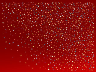 Red color background. Stars confetti. 
