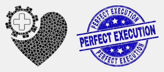 Pixel heart gear mosaic icon and Perfect Execution stamp. Blue vector round grunge stamp with Perfect Execution title. Vector composition in flat style.