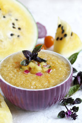 gazpacho from a yellow watermelon. watermelon gazpacho. yellow watermelon. unusual dish