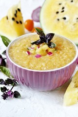 gazpacho from a yellow watermelon. watermelon gazpacho. yellow watermelon. unusual dish