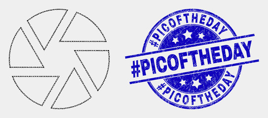 Pixel shutter mosaic pictogram and #Picoftheday seal stamp. Blue vector rounded textured seal stamp with #Picoftheday caption. Vector combination in flat style.