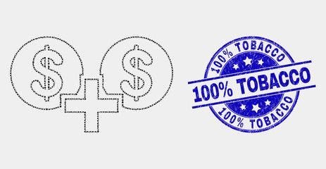 Dotted financial sum mosaic icon and 100% Tobacco seal stamp. Blue vector rounded grunge seal stamp with 100% Tobacco title. Vector composition in flat style.