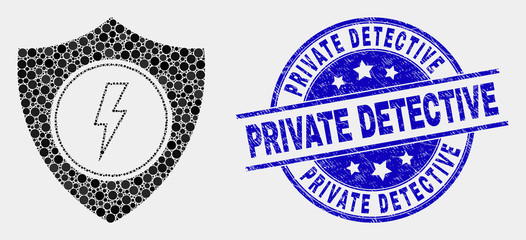 Pixel electric shield mosaic pictogram and Private Detective seal stamp. Blue vector rounded textured stamp with Private Detective title. Vector collage in flat style.