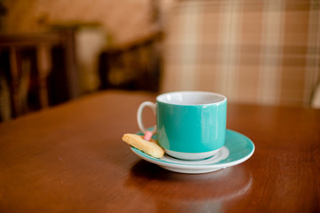  Blue Coffee cup beverage, drinks cappuccino. Horizontal several objects copyspace. destiny cookies